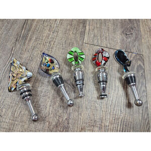 Hand- Blow Glass Art Colored Wine Bottle Stoppers Silver Metal Lot of 5